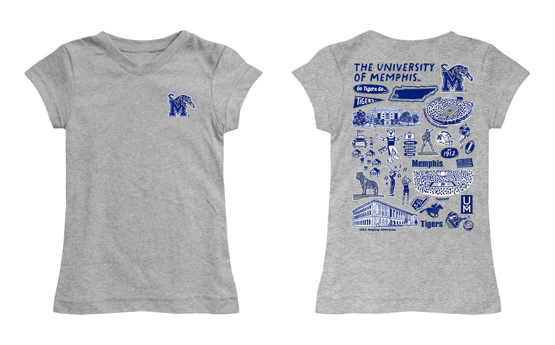 Memphis Tigers Hand Sketched Vive La Fete Impressions Artwork Grey Girls Cotton Short Sleeve Tee - Vive La Fête - Online Apparel Store