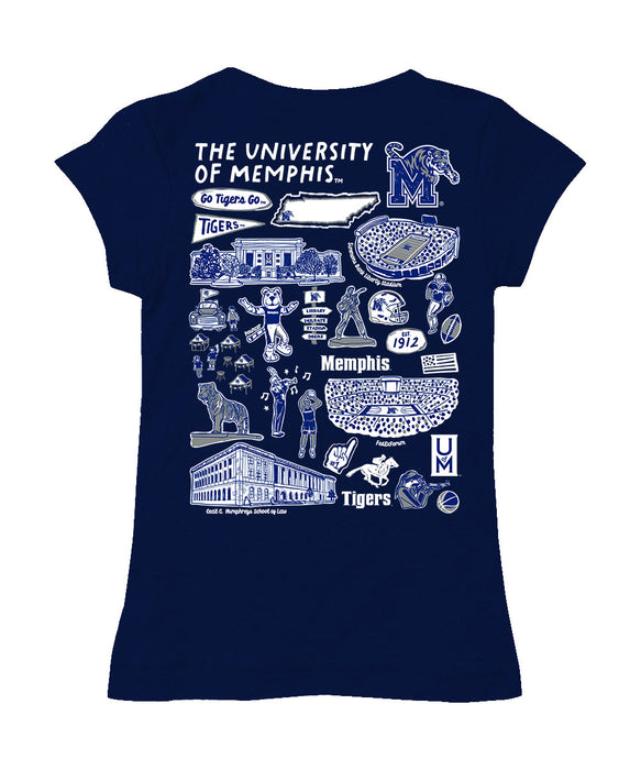 Memphis Tigers Hand Sketched Vive La Fete Impressions Artwork Navy Girls Cotton Short Sleeve Tee - Vive La Fête - Online Apparel Store