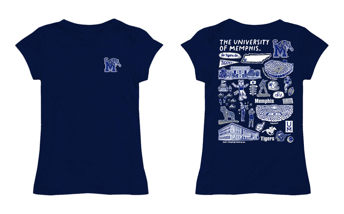 Memphis Tigers Hand Sketched Vive La Fete Impressions Artwork Navy Girls Cotton Short Sleeve Tee - Vive La Fête - Online Apparel Store
