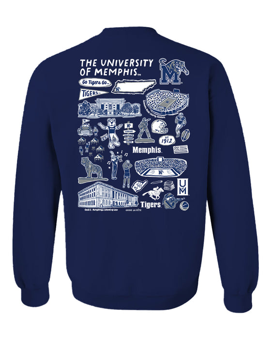 Memphis Tigers Hand Sketched Artwork Navy Crewneck Sweatshirt for Women - Vive La Fête - Online Apparel Store