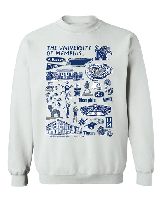Memphis Tigers Hand Sketched Vive La Fete Impressions White Cotton Crewneck Sweatshirt for Women