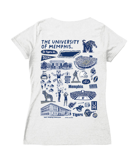 Memphis Tigers Hand Sketched Vive La Fete Impressions Artwork Navy Women Cotton Short Sleeve V-Neck Tshirt