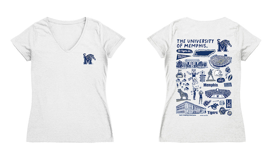 Memphis Tigers Hand Sketched Vive La Fete Impressions Artwork Navy Women Cotton Short Sleeve V-Neck Tshirt