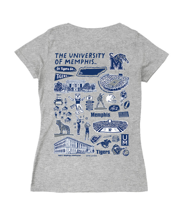 Memphis Tigers Hand Sketched Vive La Fete Impressions Artwork Navy Women Cotton Short Sleeve V-Neck Tshirt