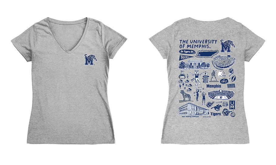 Memphis Tigers Hand Sketched Vive La Fete Impressions Artwork Navy Women Cotton Short Sleeve V-Neck Tshirt