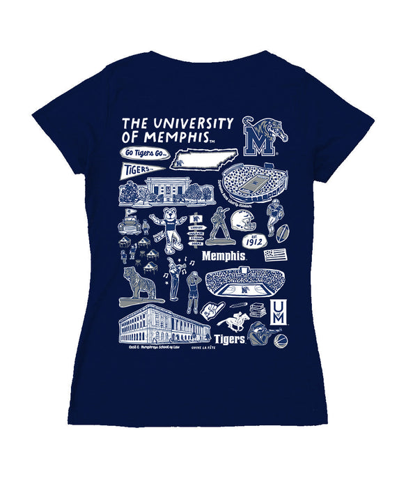 Memphis Tigers Hand Sketched Vive La Fete Impressions Artwork Navy Women Cotton Short Sleeve V-Neck Tshirt