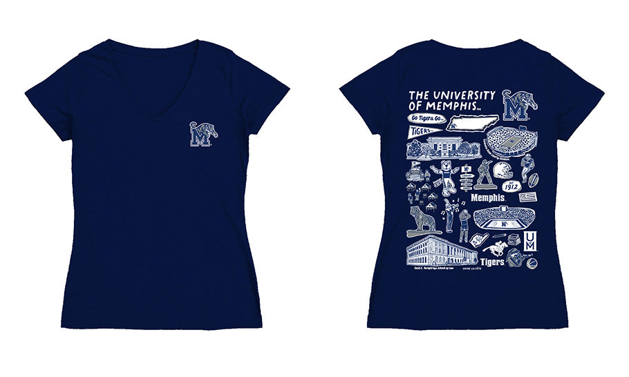 Memphis Tigers Hand Sketched Vive La Fete Impressions Artwork Navy Women Cotton Short Sleeve V-Neck Tshirt