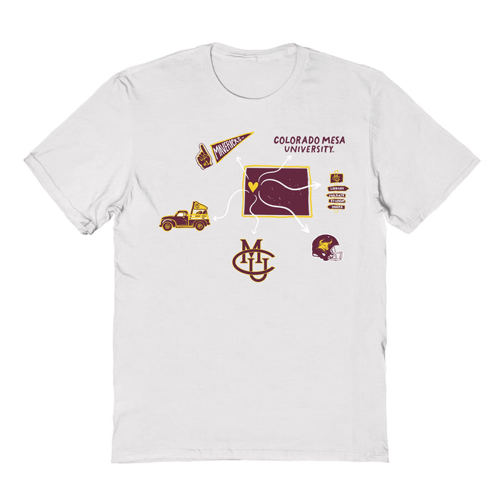 Colorado Mesa CMU Mavericks Hand Sketched Vive La Fete Impressions Icones Kids White T-shirt