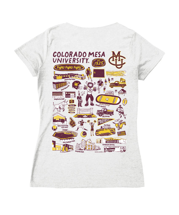 Colorado Mesa Mavericks Hand Sketched Vive La Fete Impressions Artwork Maroon Women Cotton Short Sleeve V-Neck Tshirt - Vive La Fête - Online Apparel Store