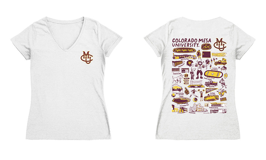 Colorado Mesa Mavericks Hand Sketched Vive La Fete Impressions Artwork Maroon Women Cotton Short Sleeve V-Neck Tshirt - Vive La Fête - Online Apparel Store