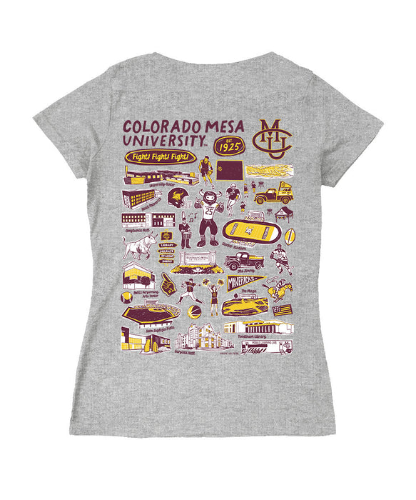 Colorado Mesa Mavericks Hand Sketched Vive La Fete Impressions Artwork Maroon Women Cotton Short Sleeve V-Neck Tshirt - Vive La Fête - Online Apparel Store