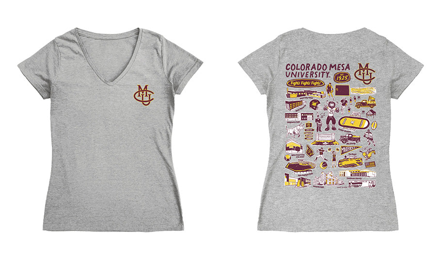 Colorado Mesa Mavericks Hand Sketched Vive La Fete Impressions Artwork Maroon Women Cotton Short Sleeve V-Neck Tshirt - Vive La Fête - Online Apparel Store