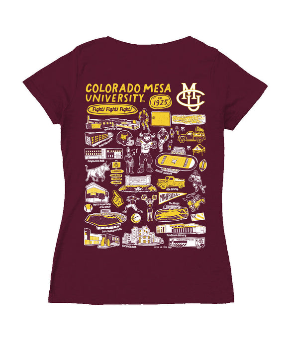 Colorado Mesa Mavericks Hand Sketched Vive La Fete Impressions Artwork Maroon Women Cotton Short Sleeve V-Neck Tshirt - Vive La Fête - Online Apparel Store