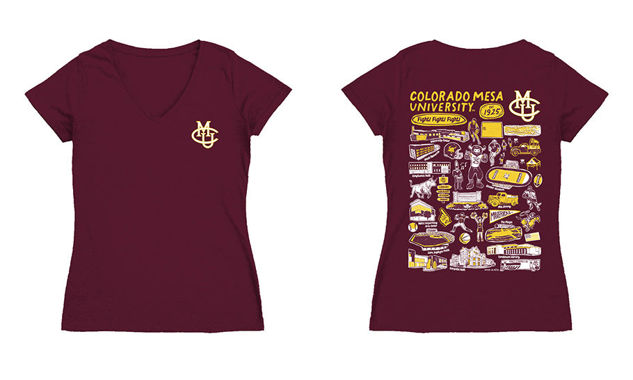 Colorado Mesa Mavericks Hand Sketched Vive La Fete Impressions Artwork Maroon Women Cotton Short Sleeve V-Neck Tshirt - Vive La Fête - Online Apparel Store