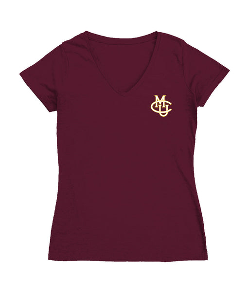 Colorado Mesa Mavericks Hand Sketched Vive La Fete Impressions Artwork Maroon Women Cotton Short Sleeve V-Neck Tshirt