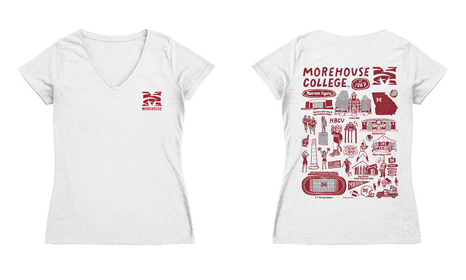 Morehouse Maroon Tigers Hand Sketched Vive La Fete Impressions Artwork Red Women Cotton Short Sleeve V-Neck Tshirt