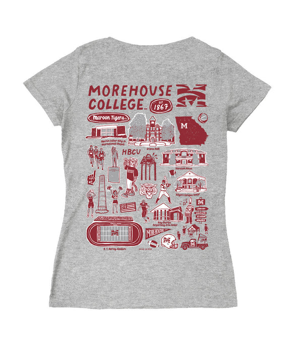 Morehouse Maroon Tigers Hand Sketched Vive La Fete Impressions Artwork Red Women Cotton Short Sleeve V-Neck Tshirt