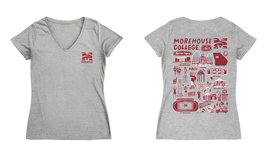 Morehouse Maroon Tigers Hand Sketched Vive La Fete Impressions Artwork Red Women Cotton Short Sleeve V-Neck Tshirt