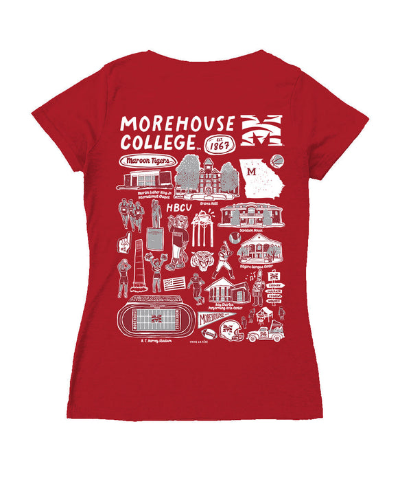 Morehouse Maroon Tigers Hand Sketched Vive La Fete Impressions Artwork Red Women Cotton Short Sleeve V-Neck Tshirt