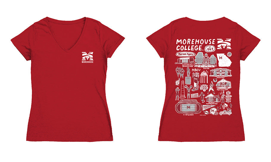 Morehouse Maroon Tigers Hand Sketched Vive La Fete Impressions Artwork Red Women Cotton Short Sleeve V-Neck Tshirt