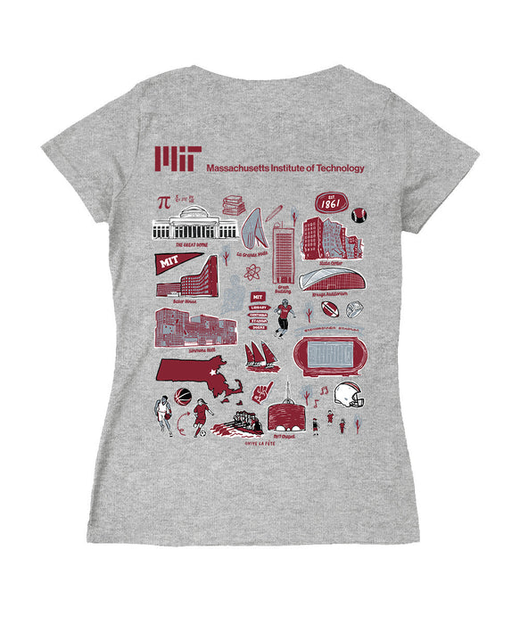 MIT Engineers Hand Sketched Vive La Fete Impressions Artwork Maroon Women Cotton Short Sleeve V-Neck Tshirt