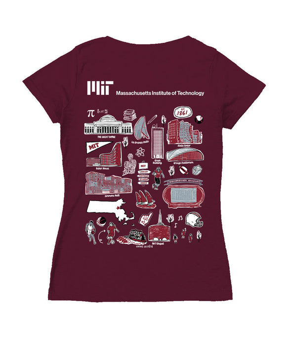 MIT Engineers Hand Sketched Vive La Fete Impressions Artwork Maroon Women Cotton Short Sleeve V-Neck Tshirt
