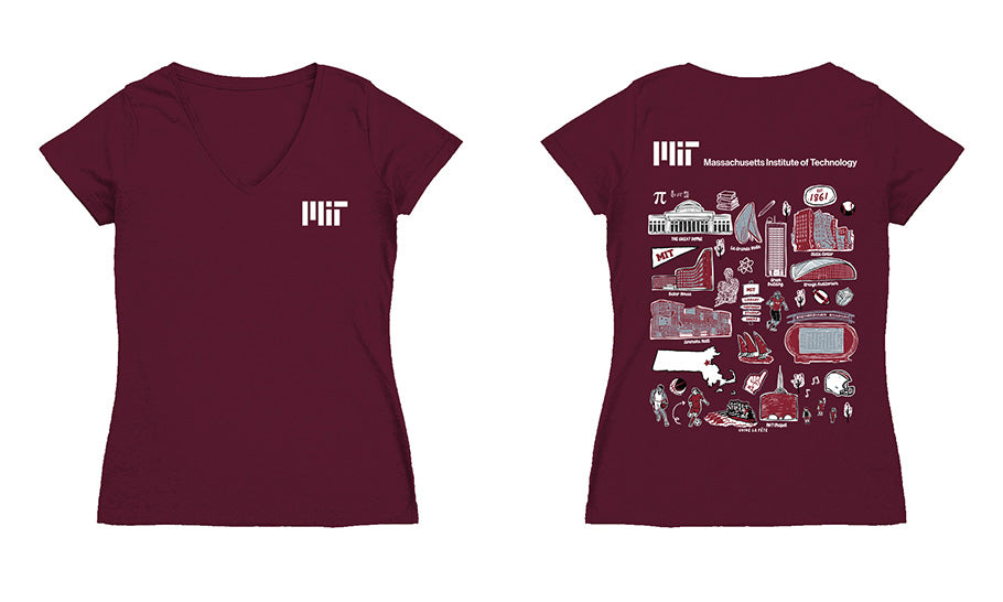 MIT Engineers Hand Sketched Vive La Fete Impressions Artwork Maroon Women Cotton Short Sleeve V-Neck Tshirt
