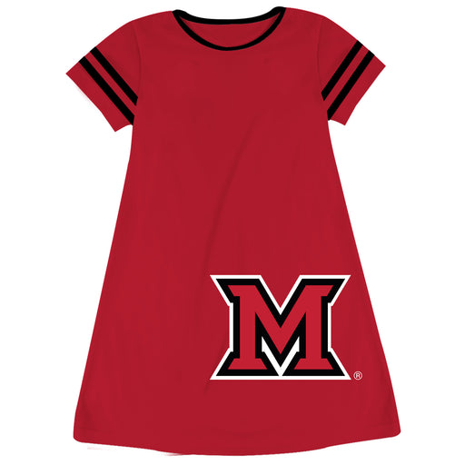 Miami Ohio RedHawks Vive La Fete Girls Game Day Short Sleeve Red A-Line Dress with large Logo