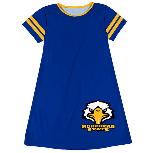 Morehead State Eagles Vive La Fete Girls Game Day Short Sleeve Blue A-Line Dress with large Logo