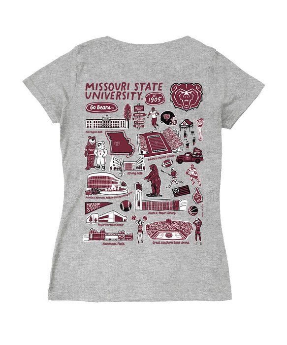 Missouri State Bears Hand Sketched Vive La Fete Impressions Artwork Maroon Women Cotton Short Sleeve V-Neck Tshirt