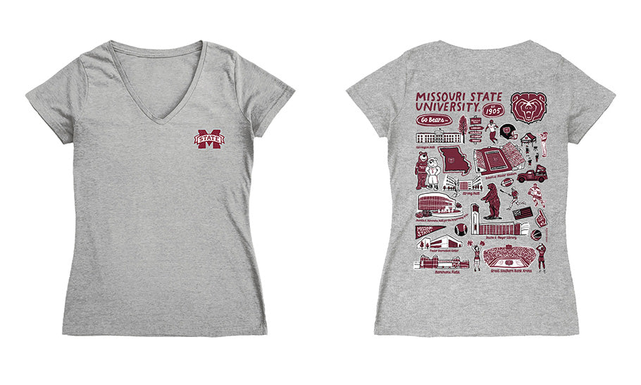 Missouri State Bears Hand Sketched Vive La Fete Impressions Artwork Maroon Women Cotton Short Sleeve V-Neck Tshirt