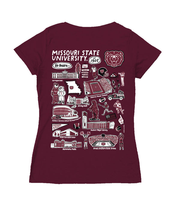 Missouri State Bears Hand Sketched Vive La Fete Impressions Artwork Maroon Women Cotton Short Sleeve V-Neck Tshirt