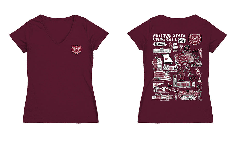 Missouri State Bears Hand Sketched Vive La Fete Impressions Artwork Maroon Women Cotton Short Sleeve V-Neck Tshirt