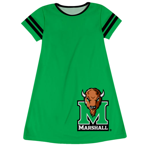 Marshall University Thundering Herd MU Vive La Fete Girls Game Day Short Sleeve Green A-Line Dress with large Logo
