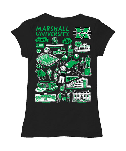 Marshall Thundering Herd MU Hand Sketched Vive La Fete Impressions Artwork Black Girls Cotton Short Sleeve Tee - Vive La Fête - Online Apparel Store