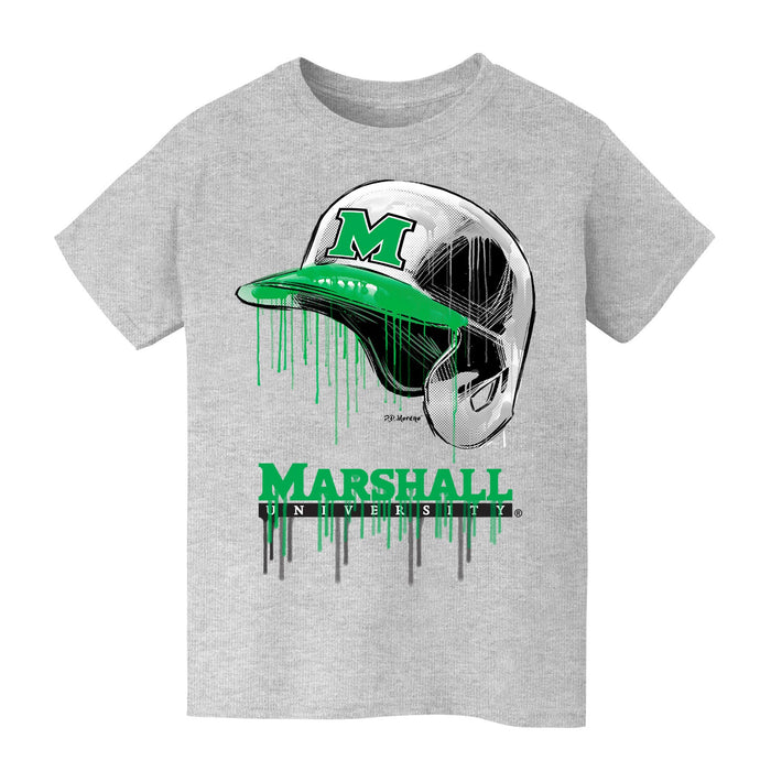 Marshall University Thundering Herd MU Original Dripping Baseball Helmet Grey Cotton T-Shirt  by Vive La Fete