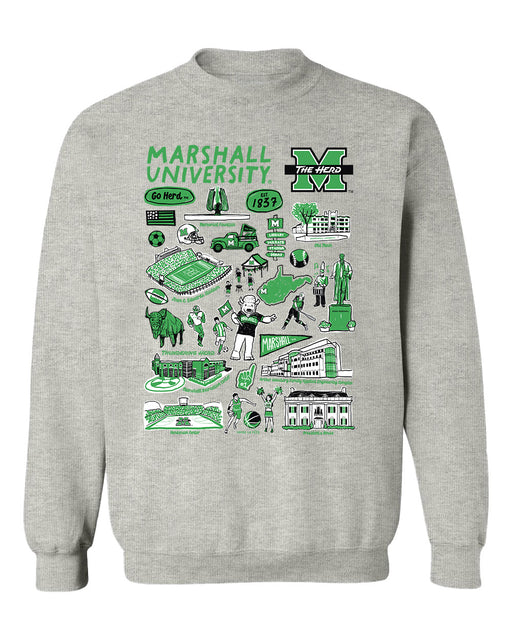 Marshall Thundering Herd MU Hand Sketched Vive La Fete Impressions Grey Cotton Crewneck Sweatshirt for Women