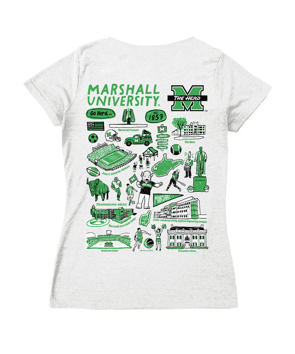 Marshall Thundering Herd MU Hand Sketched Vive La Fete Impressions Artwork Black Women Cotton Short Sleeve V-Neck Tshirt