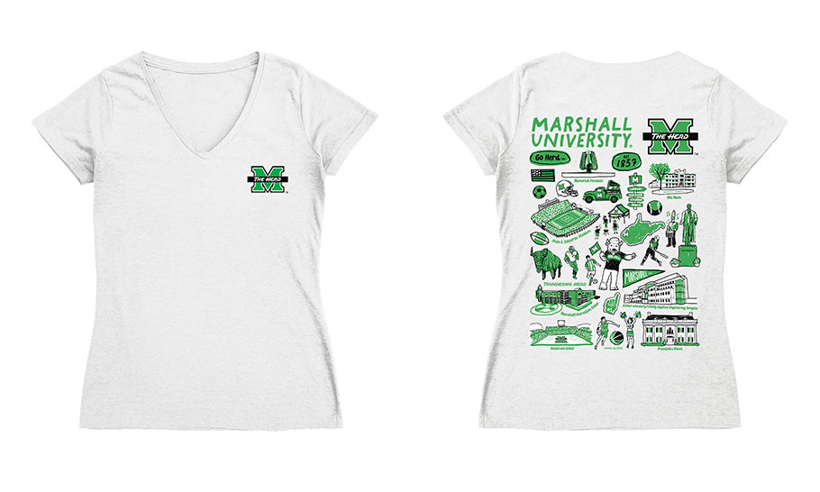 Marshall Thundering Herd MU Hand Sketched Vive La Fete Impressions Artwork Black Women Cotton Short Sleeve V-Neck Tshirt