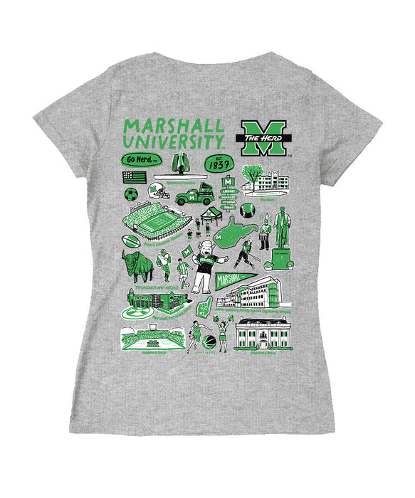 Marshall Thundering Herd MU Hand Sketched Vive La Fete Impressions Artwork Black Women Cotton Short Sleeve V-Neck Tshirt
