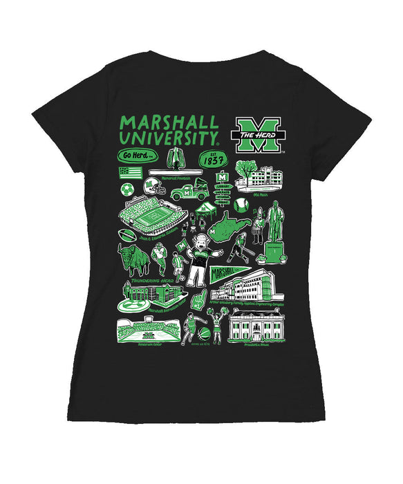 Marshall Thundering Herd MU Hand Sketched Vive La Fete Impressions Artwork Black Women Cotton Short Sleeve V-Neck Tshirt