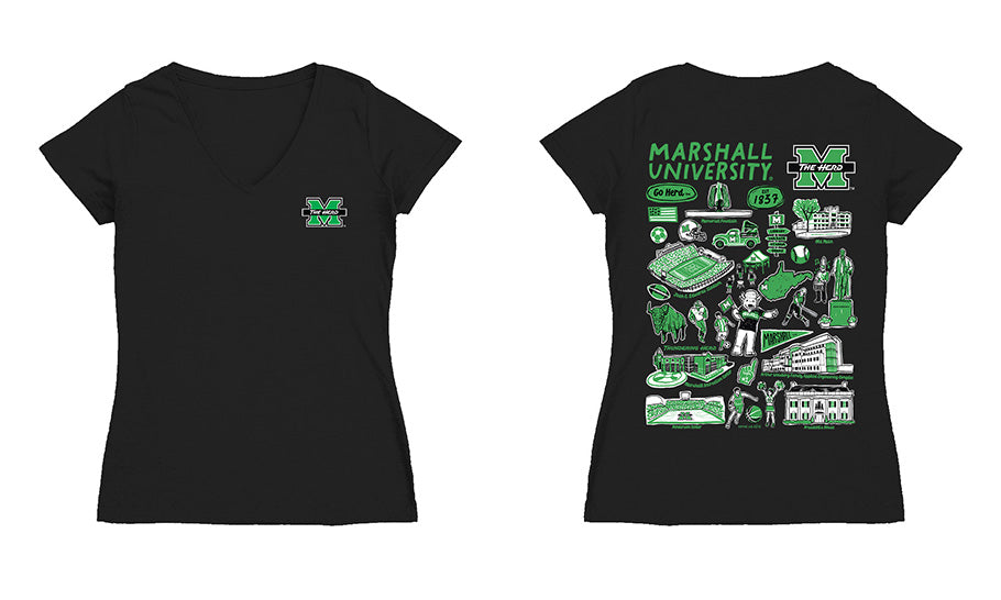 Marshall Thundering Herd MU Hand Sketched Vive La Fete Impressions Artwork Black Women Cotton Short Sleeve V-Neck Tshirt