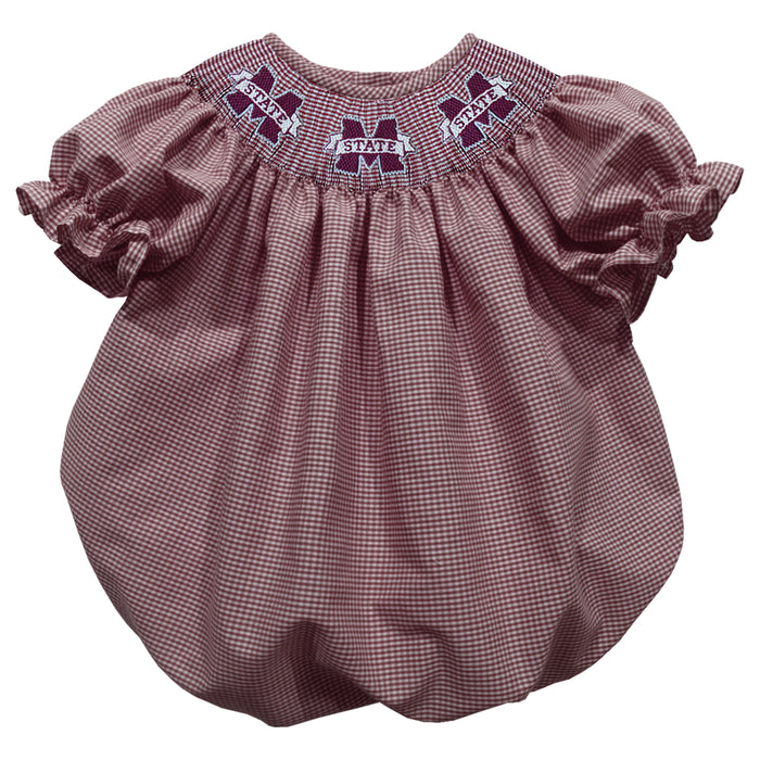 Mississippi State Bulldogs Smocked Maroon Gingham Short Sleeve Girls Bubble