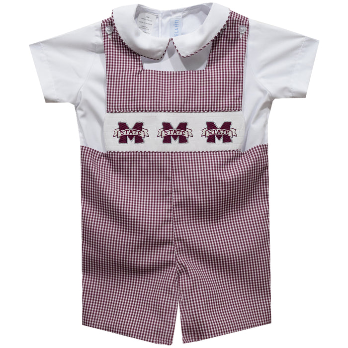 Mississippi State Bulldogs Smocked Maroon Gingham Jon Jon Sleeve White Shirt