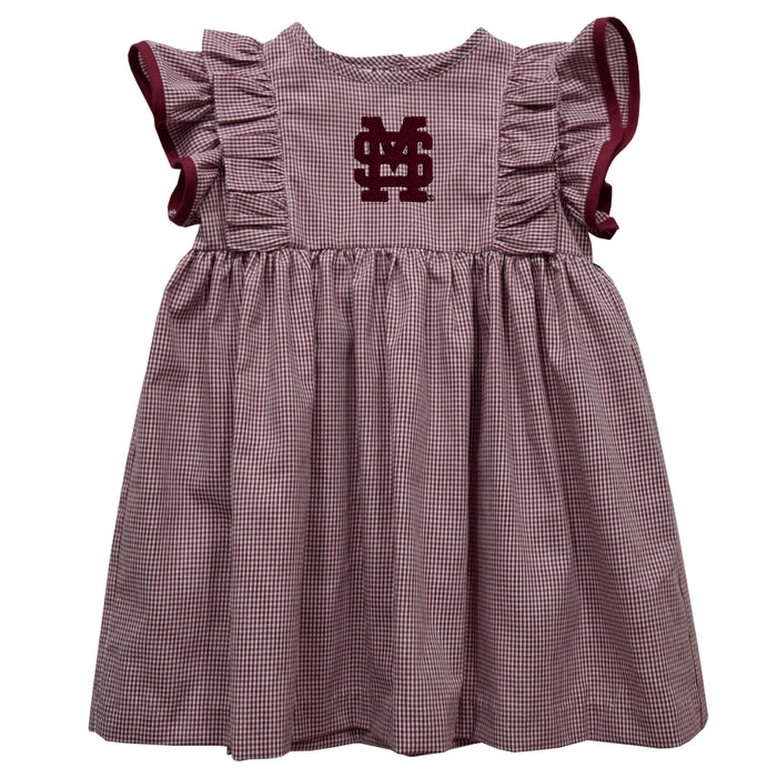 Mississippi State Bulldogs Embroidered Maroon Gingham Girls Ruffle Dress