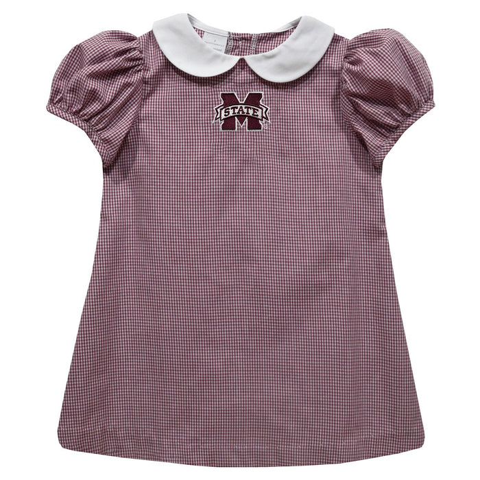 Mississippi State Bulldogs Embroidered Maroon Gingham Short Sleeve A Line Dress
