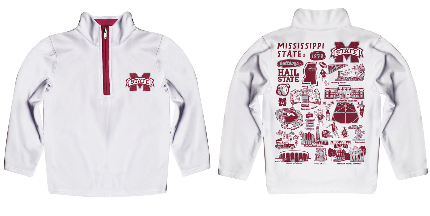 Mississippi State Bulldogs Hand Sketched Vive La Fete Impressions Artwork White Boys Quarter Zip Pullover V1 - Vive La Fête - Online Apparel Store