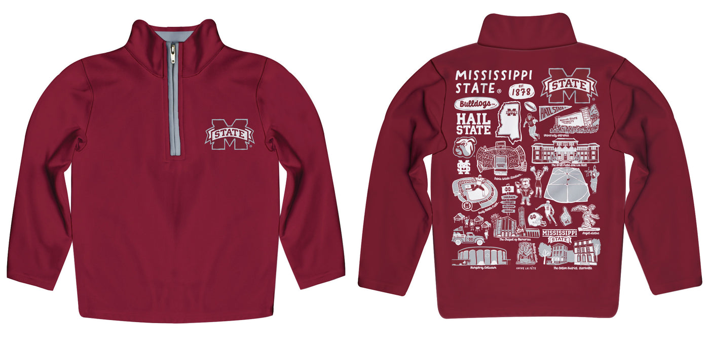 Mississippi State Bulldogs Hand Sketched Vive La Fete Impressions Artwork Maroon Boys Quarter Zip Pullover V1 - Vive La Fête - Online Apparel Store