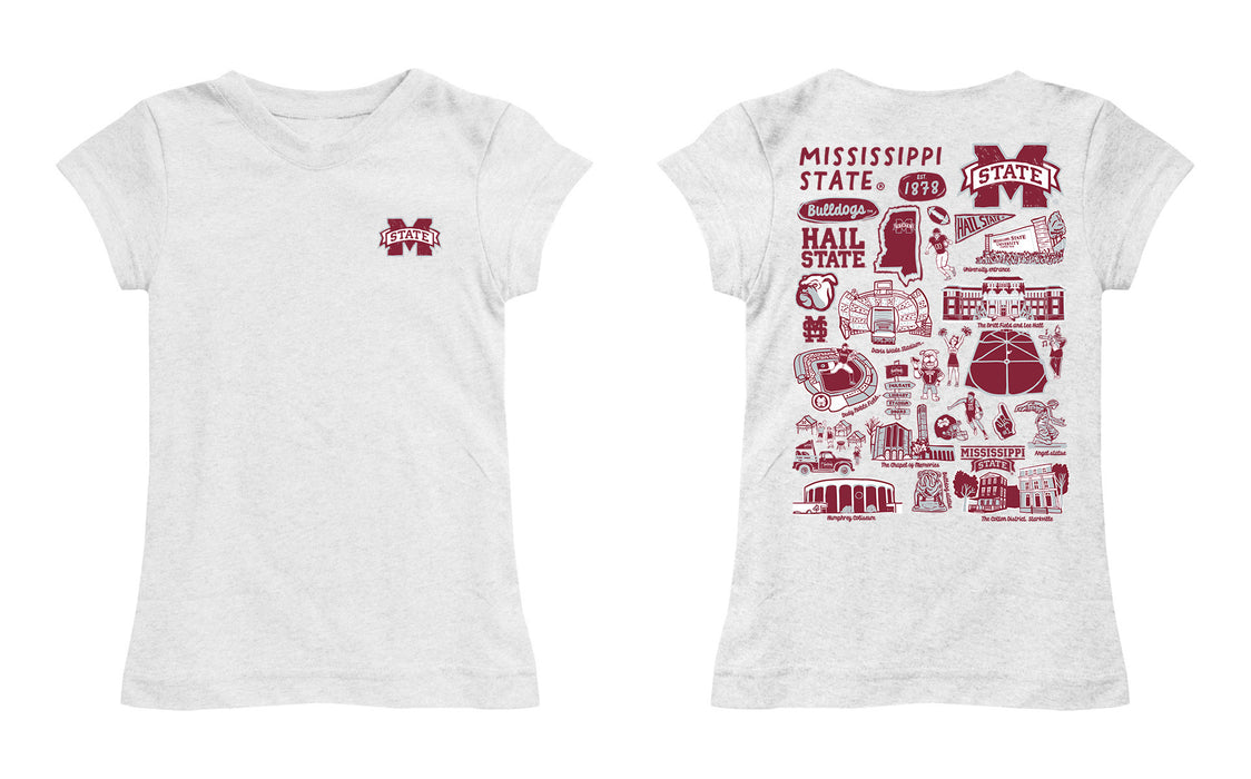 Mississippi State Bulldogs Hand Sketched Vive La Fete Impressions Artwork White Girls Cotton Short Sleeve Tee - Vive La Fête - Online Apparel Store