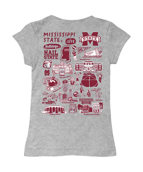 Mississippi State Bulldogs Hand Sketched Vive La Fete Impressions Artwork Grey Girls Cotton Short Sleeve Tee - Vive La Fête - Online Apparel Store